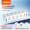 LDNIO Multipresa Elettrica a 10 Uscite ad Alta Capacità con Cavo da 2M, Prese UK/US/EU/KR, Porta USB Tipo C e Protezione da Sovratensione
