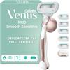Gillette Venus Pro Smooth Sensitive Rasoio Donna a 5 Lame per Pelli Sensibili con 6 Lamette da Donna di Ricambio, Manico in Metallo Riutilizzabile, Gancio per la Doccia e Copertura da Viaggio Pezzi