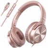 Cowyawn Cuffie USB C cablate, over-ear USB C cablate cuffie con microfono, controllo del volume, suono stereo HD, cuffie USB tipo C pieghevoli per adulti/ragazzi/laptop/computer/iPhone 15/16/17, rosa