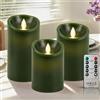 PinnWaa Candele LED in Vera Cera, Set da 3 Senza Fiamma a Colonna, Verde | Telecomando a 10 Tasti, Timer 2/4/6/8 Ore, Funzionamento a Batteria, Luce Tremolante, Decorazione Interni, H 10/12.5/15 cm