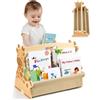 MHJY Libreria per Bambini in Legno - Scaffale Porta Libri Doppia Faccia con Tasche in Tela, Stile Montessori Portatile con Maniglia, Organizer Giochi per Cameretta, Asilo e Scuola Materna