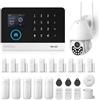 Clouree Sistema di allarme wireless Wi-Fi per la sicurezza domestica con telecamera esterna, kit di allarme GSM da 25 pezzi con sirena, sensori di movimento PIR, telecomandi, sensori per finestre/porte