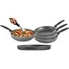RollitPop Set Padelle Antiaderenti 5 Pezzi Made in Italy - 3 Padelle Effetto Pietra Ø 20-24-28 cm + Wok Ø 28 cm + Teglia Pizza Ø 34 cm - Alluminio, No Induzione Vulcania