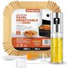 PORTENTUM Carta Forno Friggitrice Aria 100 pz 20x24 cm + Spruzzatore Olio Inox 100ml | Accessori Friggitrice Aria, Carta Forno BPA Free Certificata FDA LFGB, Oliera Spray Cucina in Vetro e Acciaio