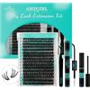 AMZGIRL LASH 320PCS Kit Ciglia Extension 50D DIY Kit Extension Ciglia Ciglia Finte Ciuffetti Extension Ciglia Nero Bond e Seal Glue Remover Pinzette(50D, kit 9-16 mm)
