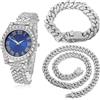 HALUKAKAH Orologio d'oro con Diamanti,Bambino Platino Placcato Oro Bianco 36MM Larghezza Blu Quadrante Quartz 20cm con Catena Cubane18+40cm Collana Bracciale,Confezione Regalo Gratuita