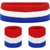 HXMJIED Set di fasce antisudore sportive (1 fascia + 2 polsiere) in cotone elastico a righe rosse bianche blu fascia sudore per basket tennis esercizio