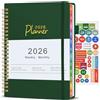 Jukibole Agenda Settimanale 2026, A5 Agenda Giornaliera 2026 con Tag Mensili, Planner da Gennaio 2026 a Dicembre 2026, con Tasche e Adesivi, Weekly Planner - Inglese (Verde)