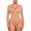 FeelinGirl Body modellante da donna per il controllo della pancia, senza cuciture, modellante, perizoma, scollo a V, maniche lunghe, copertura completa, marrone castagna, S