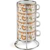 Excelsa Wonderful Ginger Set 4 Tazzine da Caffè in Porcellana, Motivo Natalizio con Pupazzo di Neve, con Supporto Metallico