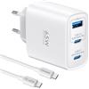 TOPADRE 65W Caricatore USB C, 3 Porte di Ricarica Rapida, GaN PD3.0/PPS Alimentatore per MacBook Pro/Air, per iPhone 16/15/14/iPad, Galaxy S25/S24/Note, Steam Deck, Pixel 7 PRO, Dell XPS 13, Bianco