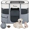 Pawaboo Recinto Portatile per Cani in Tessuto Oxford 600D, Grigio | Recinto pieghevole con finestre in rete, porte avvolgibili, borsa da trasporto e ciotola pieghevole, 90×70×60 cm(L)
