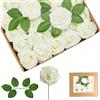 yayafunfun 25 rose artificiali color crema, rose in schiuma realistiche al tatto con steli, 4 foglie, fiori artificiali per matrimoni, bouquet da sposa, torte, pietre tombali, centrotavola, baby shower