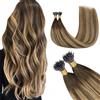 GOO GOO Extension Capelli Veri Nano Ring, 40cm 50g 100 Ciocche, Invisible Nano Remy extension capelli veri Freddo Fusione Balayage Dal Castano Cioccolato al Biondo Caramello #4/27/4