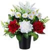 SIFOEL Fiori artificiali per tomba in vaso, fiori artificiali di rose, gigli e margherite per memoriale con vaso per cimitero, decorazione per funerale all'aperto (1 pezzo, Rosso & Bianco)'