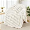 Exclusivo Mezcla Coperta Plaid Pile di Flanella per Divano, 130x150 CM Coperta Letto Singolo con Righe Jacquard, Accogliente e Leggero, Avorio