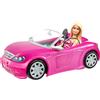 Barbie - Cabrio con bambola, veicolo glam a due posti con tettuccio aperto e bambola bionda con abito rosa e dettagli stampati inclusa, giocattolo per bambini, 3+ anni, DJR55