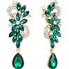 Clearine Orecchini a clip Boemo Boho Cristallo Fiore Sposa di nozze lacrima luminoso Lungo Mazzo di Clip-On a Pendenti Verde Oro-fondo