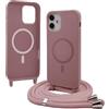 Bigcousin Magnetica Cover con Cordino per iPhone 12 Mini,[Compatibile con MagSafe], Cover in Silicone, Regolabile Cordino da Collo Nylon Catena Collana Tracolla,Rosa Gold