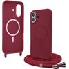 Bigcousin Magnetica Cover con Cordino per iPhone 16 Plus,[Compatibile con MagSafe], Cover in Silicone, Regolabile Cordino da Collo Nylon Catena Collana Tracolla,Rosso