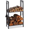 Relaxdays Scaffale Porta-Legna con 2 Ripiani, 100 x 60 x 30 cm, 4 Ganci per gli Accessori da Camino, Acciaio, Antracite