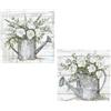 DRW Set di 2 quadri tela naturale con annaffiatoio e fiori in bianco, verde e grigio, 40 x 40 x 3 cm