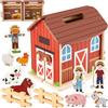 HERSITY Set Animali Fattoria in Legno Fienile Giocattolo, Casa Fattoria per Bambini può Essere Aperto e Chiuso, Giochi Educativo Regalo per Ragazzi Ragazze 3 4 5 Anni