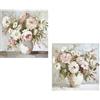 DRW Set di 2 quadri tela naturale con vasi e fiori in bianco, verde e rosa, 60 x 60 x 3 cm