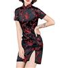 Generic Costume tradizionale cinese da Cheongsam, a maniche corte, con stampa, spacco laterale, per feste del Capodanno Cinese, a vestito lungo e aderente, S