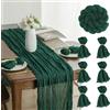 FALSKT Runner Tavola Moderno Runner da Tavolo Boho Garza Runner Verde Scuro 400×90cm Tulle Trasparente per Interni Feste Vacanze Matrimoni, 6PCS tovaglioli di stoffa, 6PCS Anelli Portatovaglioli