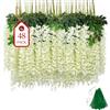 BIRDDIE 48 Pezzi Glicine Artificiale,3.75 Feet Piante Finte da Esterno,Fiori Finti,Fiori di Glicine Artificiale Appeso Ghirlanda per Sfondo,Matrimonio,Giardino e Casa Decorazione Murale (Bianco)