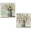 DRW Set di 2 quadri tela naturale con vasi e fiori in bianco, verde e blu, 60 x 60 x 3 cm