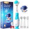 DADA-TECH Spazzolino Elettrico Bambini 1-2-3 Anni Spazzolino Bambini 1 Anno Bambino Bimbo Neonato Neonati Con Timer Luci LED E 4 Testine Morbide (Baby Astronauti Blu)