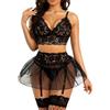 RSLOVE Set di biancheria intima da donna - Sexy Babydoll Pizzo Minigonna in Maglia con Reggicalze, Nero , XXL