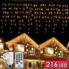 DIWUJI 216 LEDs Tenda Luminosa, 5.5M Luce Stringa Catene Luminose, 8 Modalità Luci cascata Strisce LED, Barriera Fotoelettrica Decorare Interni Esterni Finestra Patio Giardino Natale Halloween, Bianco Caldo