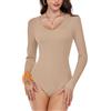 WOWENY, body da donna a maniche lunghe con scollo a V, in micro pile, elegante, caldo e comodo, per l'autunno e l'inverno, Nero , S