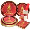 PARTY GO 125 Pezzi Piatti Natalizi Usa e Getta, Piatti Carta e Bicchieri Tovaglioli Natalizi Motivo Albero di Natale Rosso Stoviglie Monouso per Feste Servizio da 25 Persone