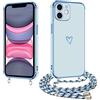 E-Lush Custodia per iPhone 11 con nastro, custodia per iPhone 11 con motivo a cuore, in silicone galvanizzato, con catena, antiurto, con cordino per appendere, protezione per fotocamera, copertura