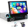 podofo Autoradio 1 DIN DAB Wireless CarPlay Android Auto, schermo retrattile da 7 pollici, radio Bluetooth, controllo del volante/collegamento specchio/EQ/USB-C+telecamera posteriore