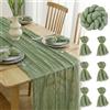 FALSKT Runner Tavola Moderno Verde Salvia 300cm×90cm Runner da Tavolo Boho Garza runner verde salvia Trama plissettata Tulle per Interni, Vacanze, Matrimoni, 6 Tovaglioli di garza con anelli 50×50cm