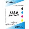 Tintino - Carta fotografica formato A4 per stampante a getto d'inchiostro, 50 fogli, 135 g/m?, lucida, waterproof, ad asciugatura rapida, per colori brillanti, colore: Bianco