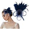 ELNX Fascinator in Mesh con Fiori e Piume | Cerchietto con Clip | Accessorio Retrò per Matrimonio, Cocktail, Tea Party (Blu Navy)