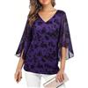 Enmain Camicia Blu Navy Donna Elegante Volant Scollo a V 3/4 Manica Blusa Abbigliamento Donna Curvy Fiori Leggero Casual Estiva Primaverile Top 3XL