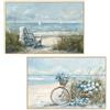 DRW Set di 2 quadri tela di una spiaggia con cornice in legno naturale in bianco, verde e blu 40 x 60 x 3,5 cm
