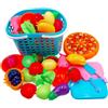 NIWWIN Set Giocattolo Cucina Bambini con Cesto Portagiochi - 27 Pezzi Frutta e Verdura Tagliabile Inclusa Pizza da Taglio, Coltelli di Legno Finto e Alimenti Educativi per Bambini 3+ Anni