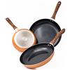 nuovva Set 3 padelle in acciaio inox rivestite in rame, lavabili in lavastoviglie, con manico in legno per friggere - Dimensioni 20cm, 24cm e 28cm