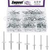 Swpeet Kit assortimento di rivetti ciechi in alluminio con flangia grande, 260 pezzi, 7 misure 3/16 1/8 5/32 - M3.2/4/4/4.8, rivetti pop argentati con estremità aperta, per interni ed esterni