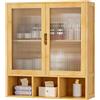Yorbay Mobile Bagno Sospeso con 2 Sportello Magnetico Trasparente e Scomparto Aperto, Armadietto Medicinali in Bambù per Bagno e Cucina, Mobiletto da Parete Salvaspazio, 22 x 59 x 66 cm (Colore Bambù)