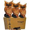 SusggO Set di 3 statuette di animali portafortuna in legno, gufo, gatto, tartaruga, pesce. Decorazione, intagliato a mano, artigianato per ornamento mobili. (3 gufi ali marroni con stella DR).