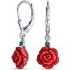 Bling Jewelry Orecchini pendenti a leva con accento CZ verde e fiori di rosa rossa in fiore 3D romantici e delicati per donne e adolescenti in argento sterling .925